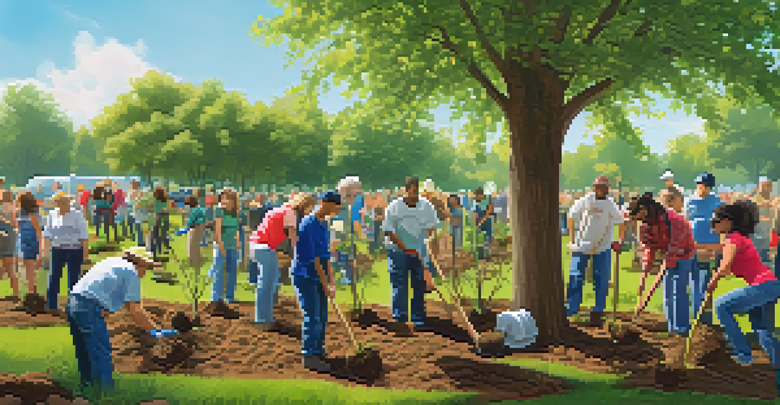 A community tree planting event in Dallas, featuring diverse residents planting saplings together under a clear sky, surrounded by tools and greenery.