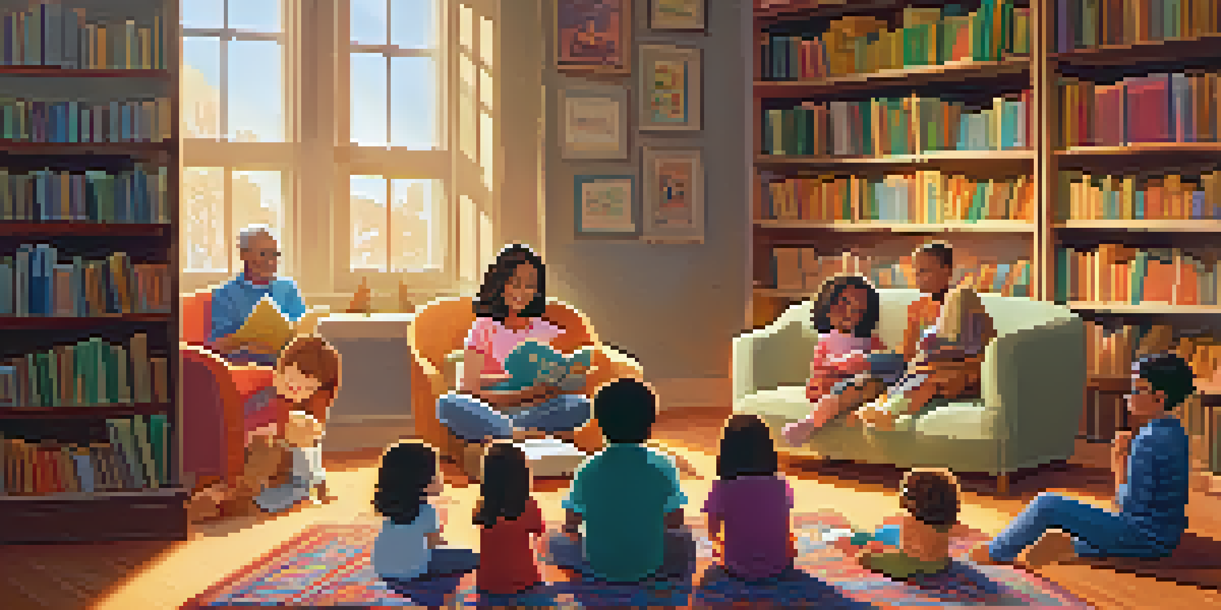 A family gathered in a library for storytime, with a librarian reading to children using puppets under warm sunlight.