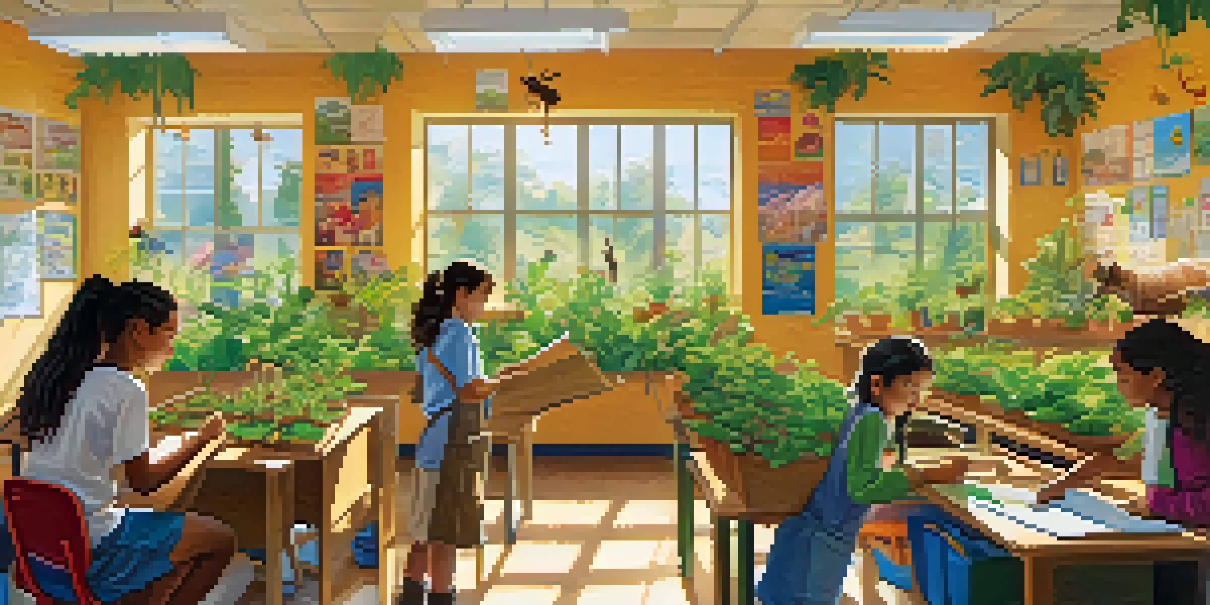 A classroom filled with students planting seeds and learning about the environment, with sunlight and colorful decorations.