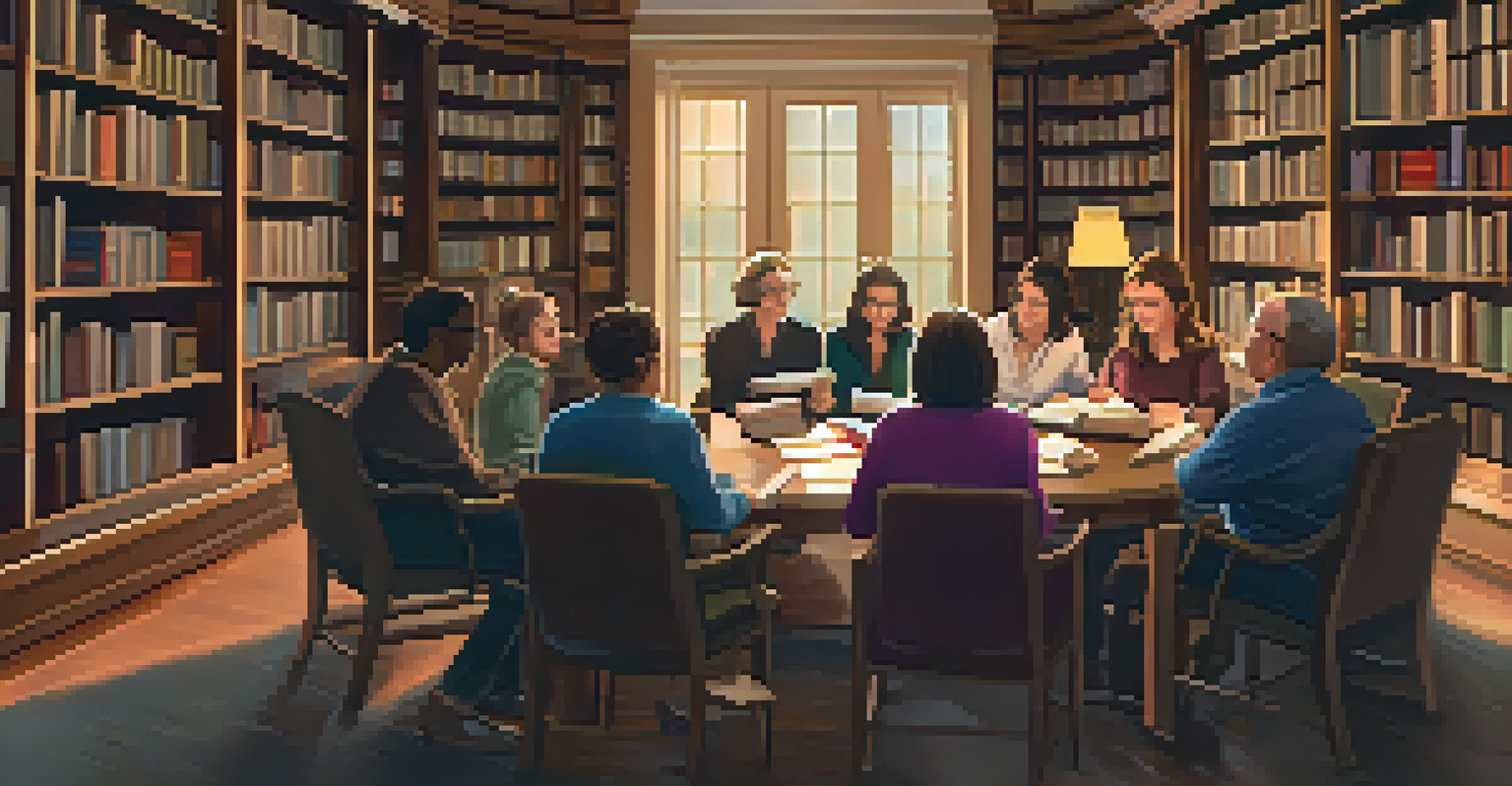 A book club meeting in a library with members discussing books in a cozy, well-lit room surrounded by bookshelves.