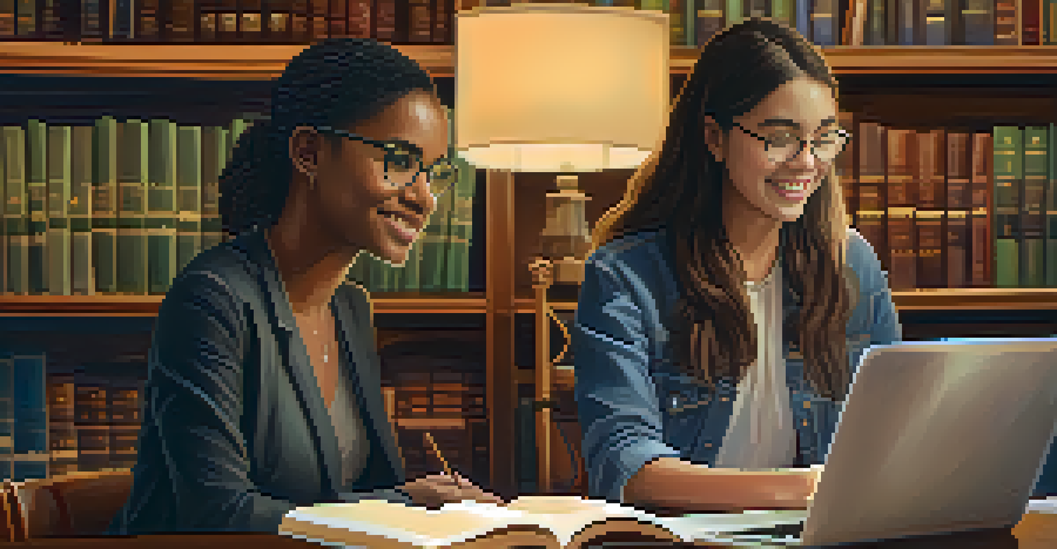 A young woman and her mentor engaged in a mentorship session in a library, surrounded by books and warm lighting.