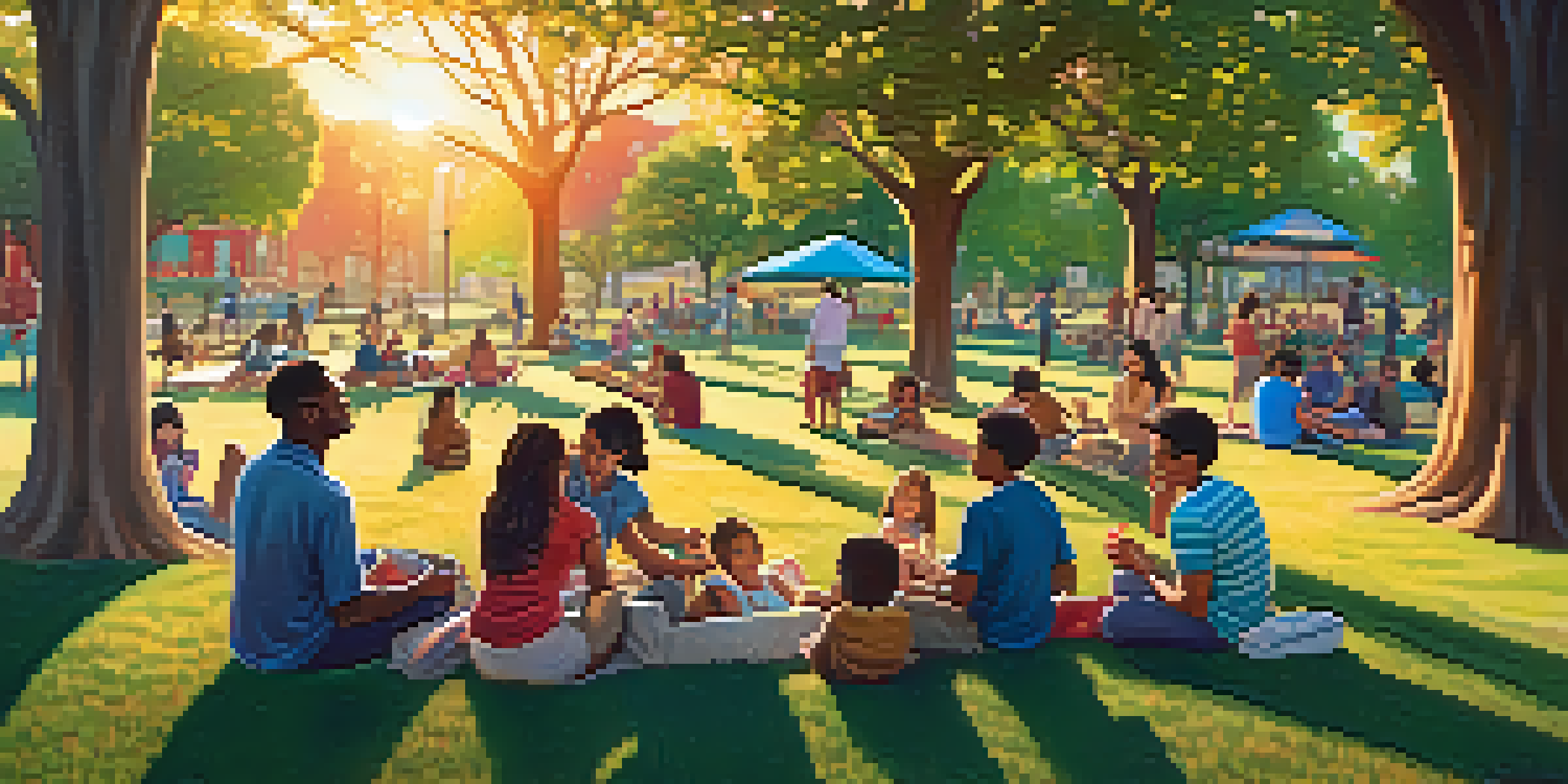 A park in Dallas with families having a picnic under a golden sunset, surrounded by trees and a colorful mural.