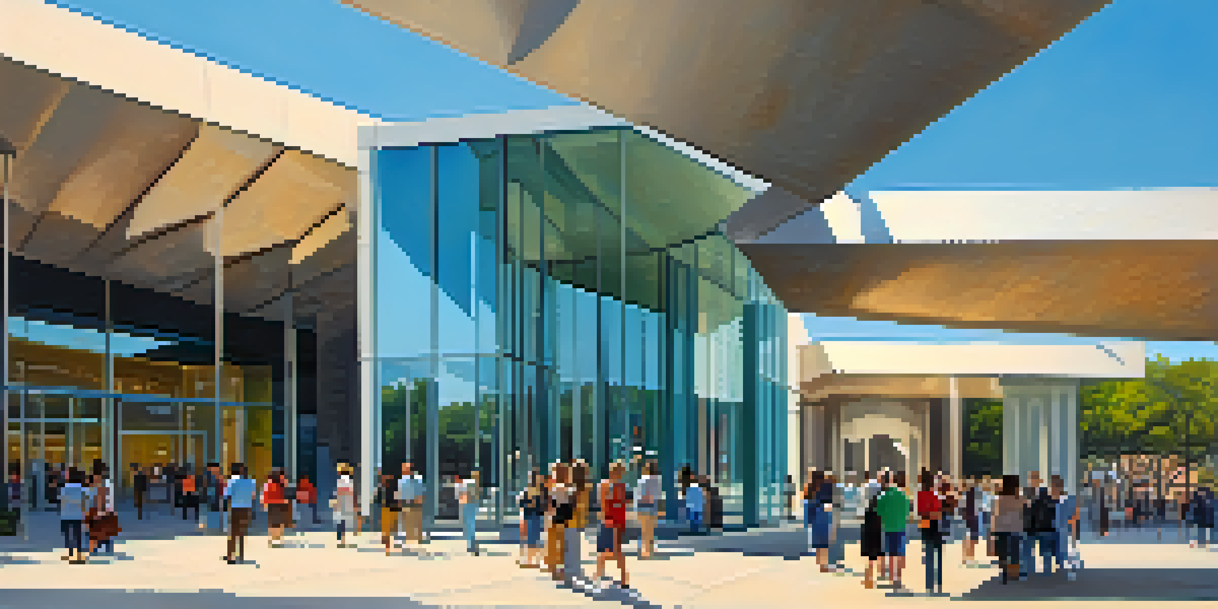 A modern building of the Dallas Museum of Art with people entering and outdoor sculptures visible.