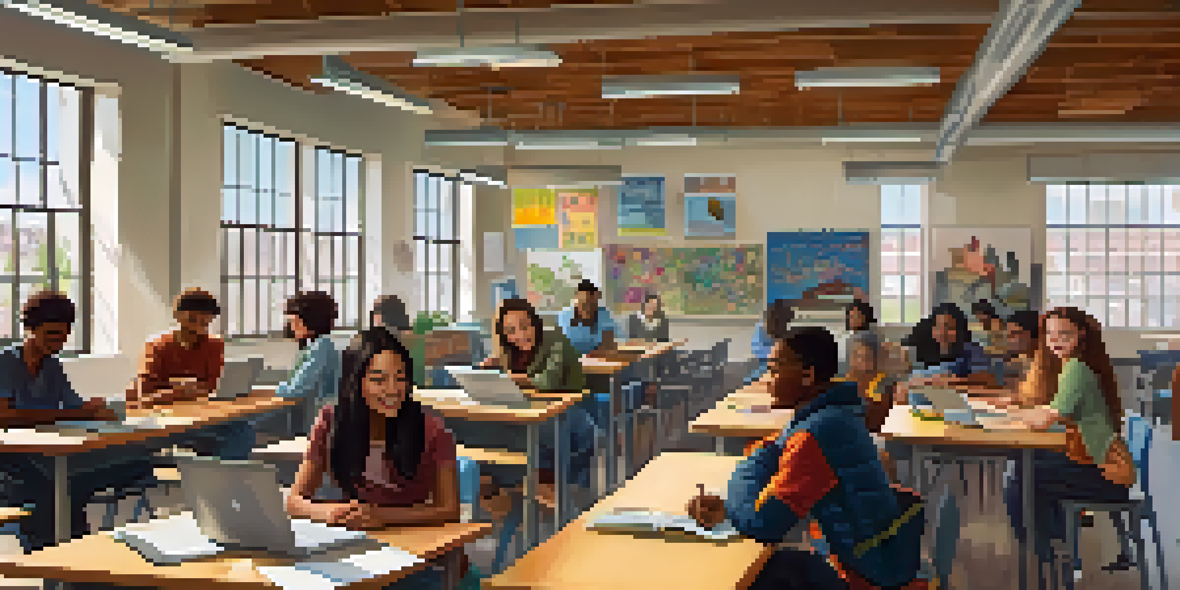 A diverse group of students working together in a well-lit classroom, showcasing collaboration and inclusivity in education.