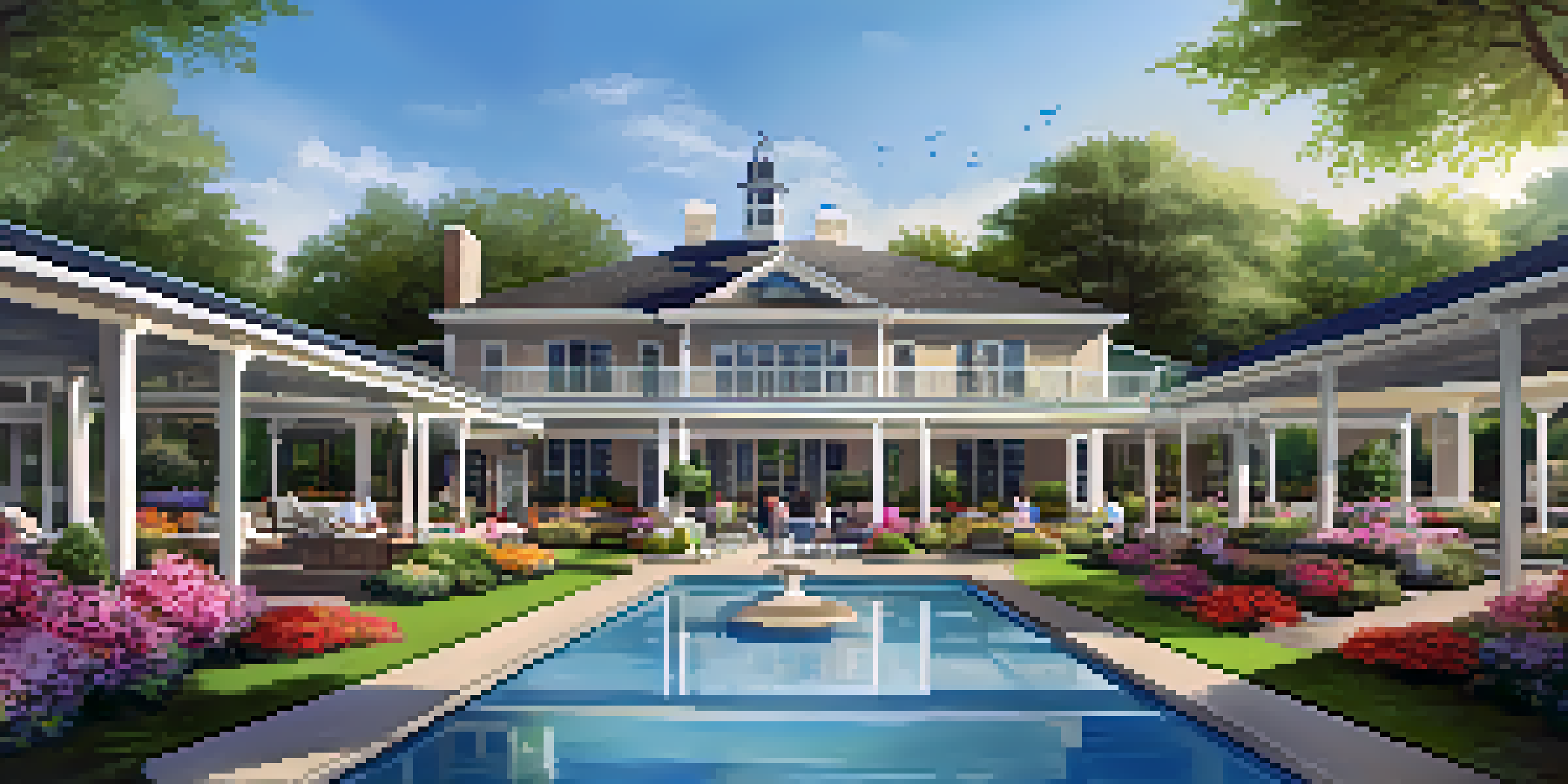A peaceful scene of a luxury retirement community with gardens, a swimming pool, and seniors relaxing outdoors.