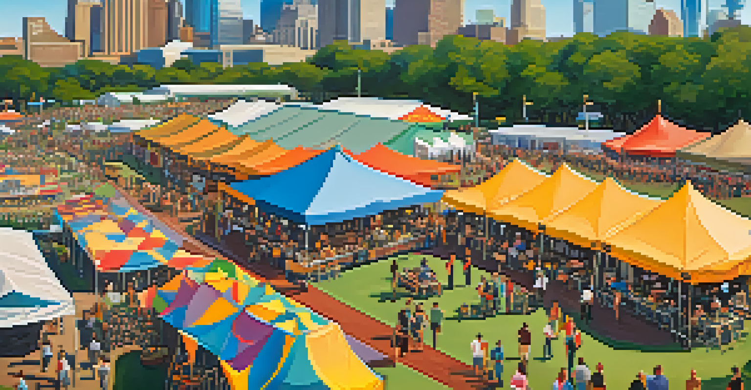 Aerial view of a beer festival in Dallas with tents, attendees sampling drinks, and the city skyline in the background.