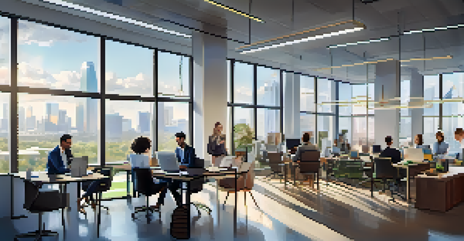 Close-up of a fintech startup office in Dallas, with a diverse team brainstorming around a table filled with laptops and financial data charts.