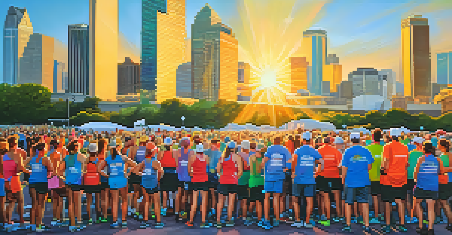 A group of cheerful volunteers at a charity run, dressed in colorful gear, with a city skyline and a banner in the background.