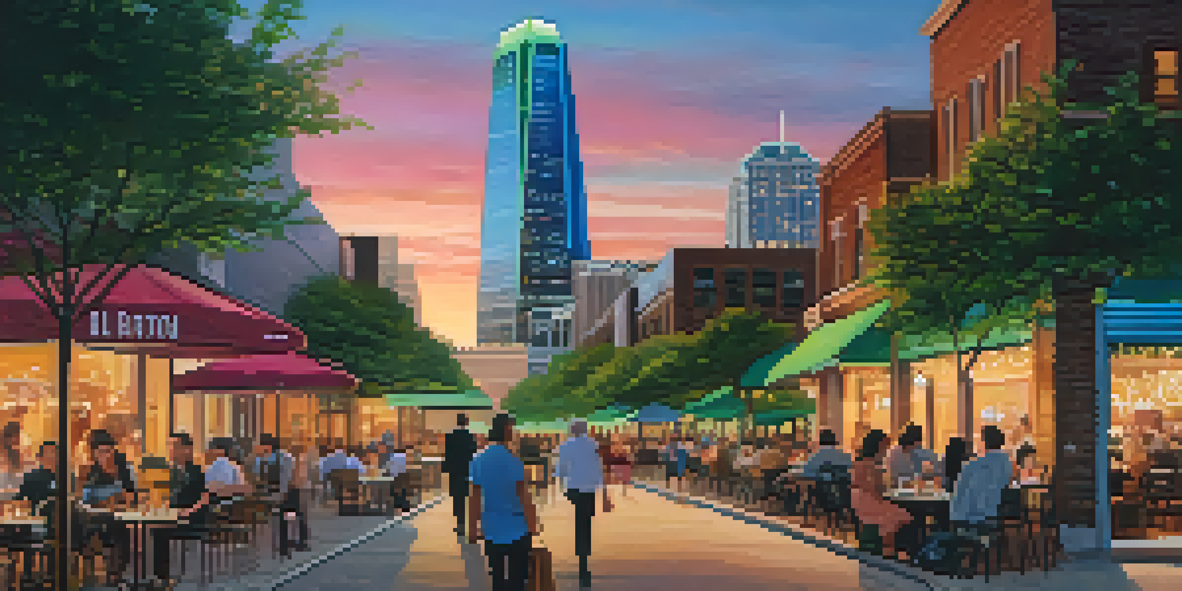 A lively street in Uptown Dallas during twilight with illuminated high-rises, outdoor dining, and colorful sunset sky.