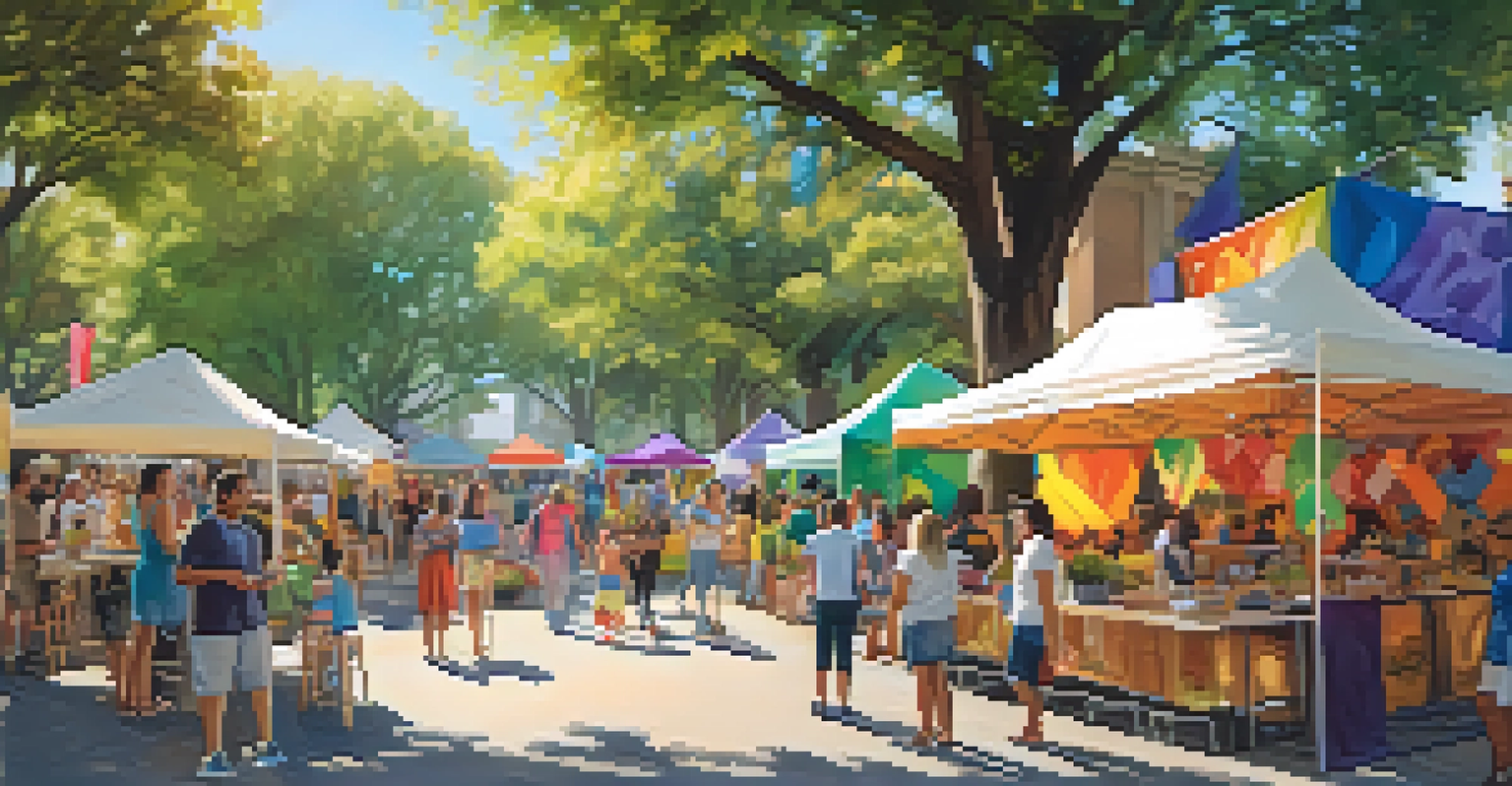 Families participating in art activities in the Dallas Arts District with colorful sculptures and food trucks in the background.