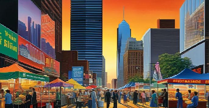 A lively street in Dallas with skyscrapers, people in business attire, and a food vendor, representing the city's economic growth in the 1980s.