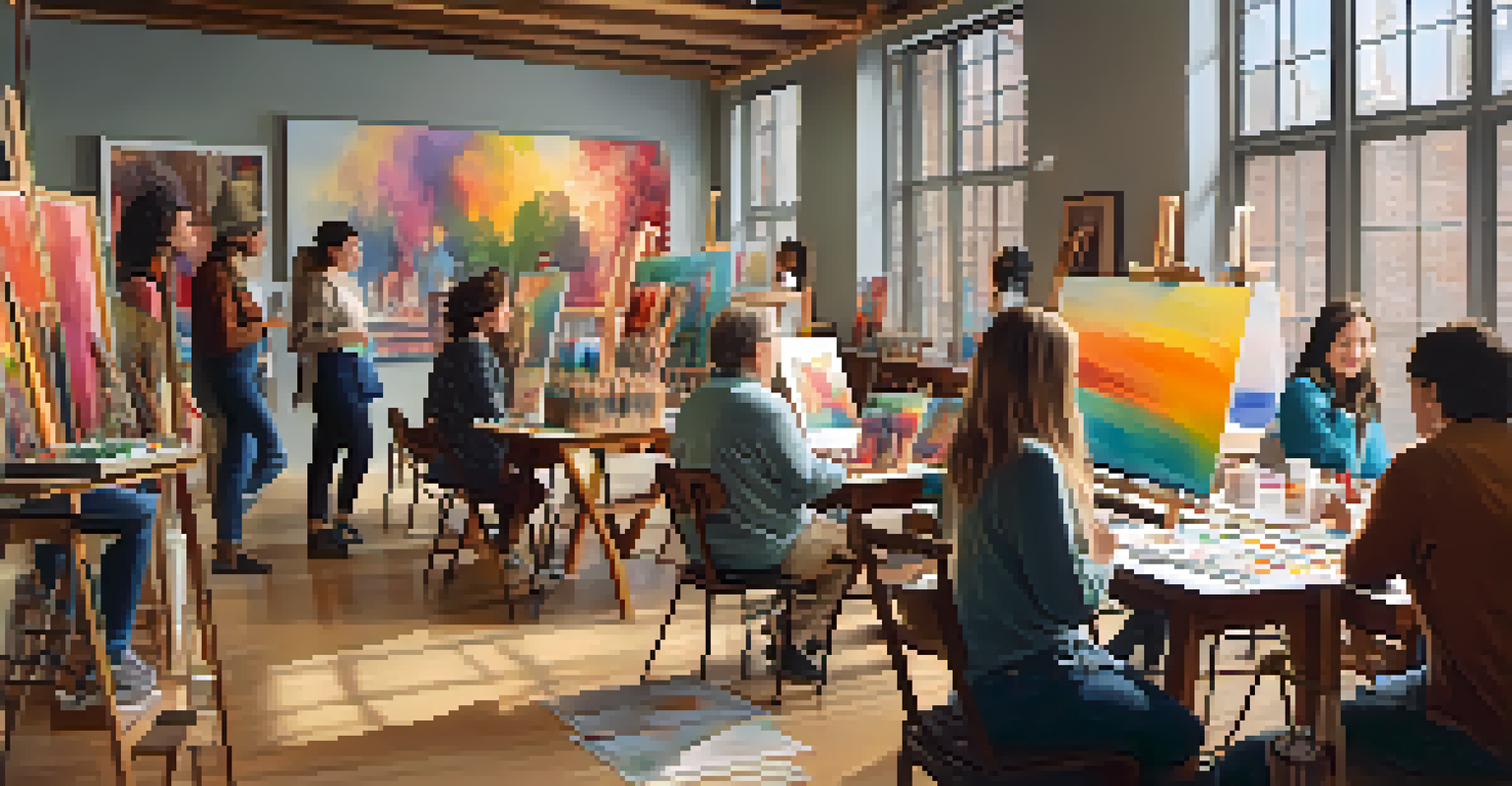 An art club workshop with members painting in a warmly lit studio filled with colorful art supplies and finished artworks.