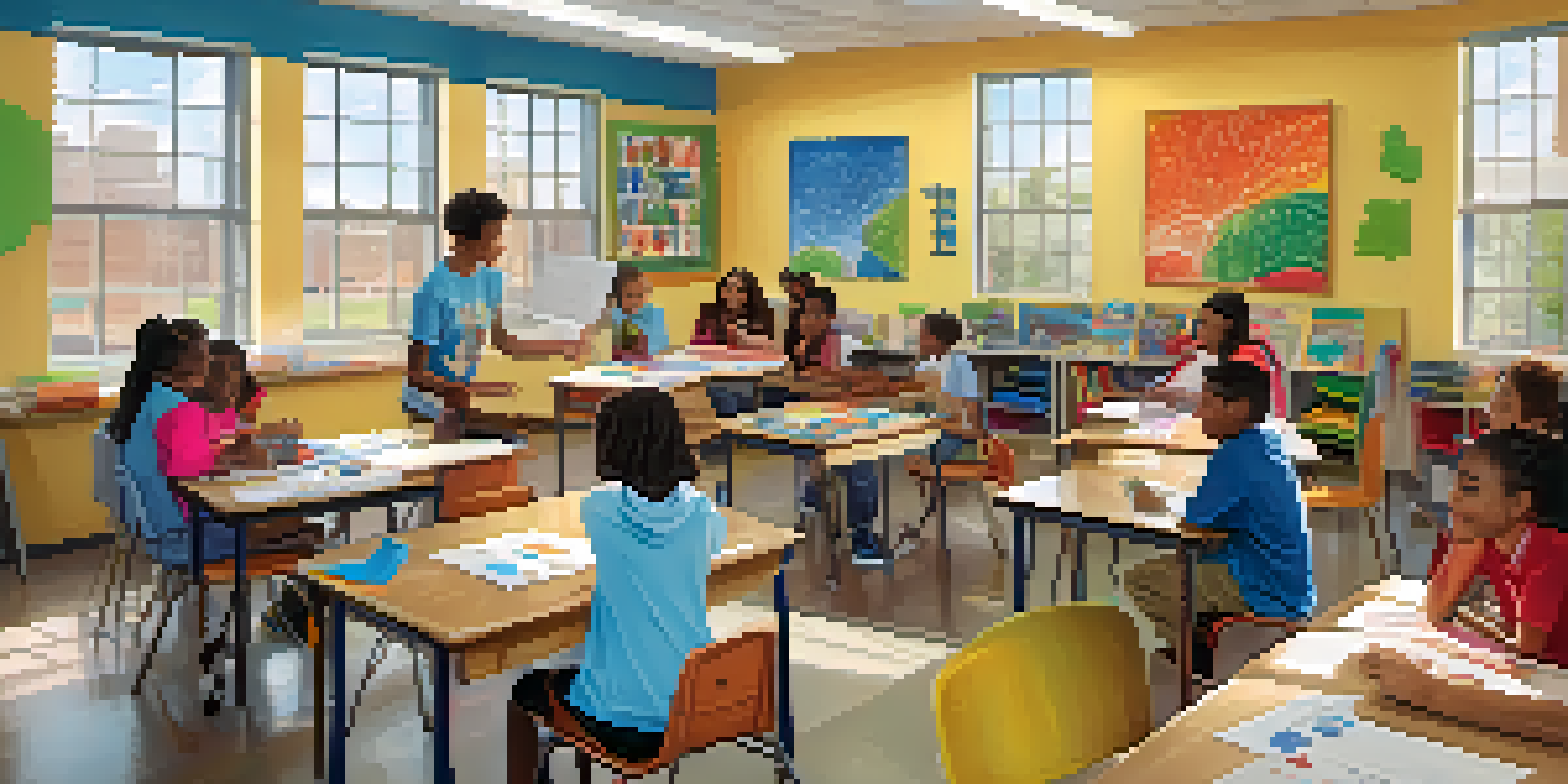 A diverse group of students working together in a colorful classroom setting, with educational materials and bright sunlight.