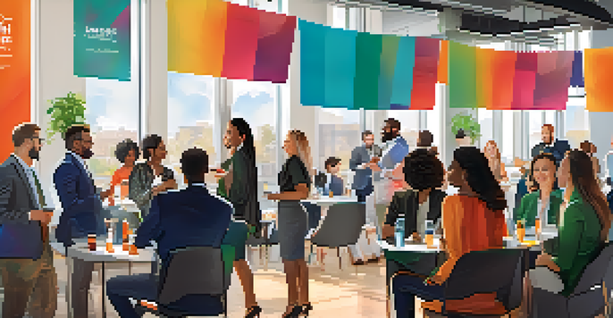 A lively networking event in a bright co-working space with diverse entrepreneurs interacting and sharing ideas.