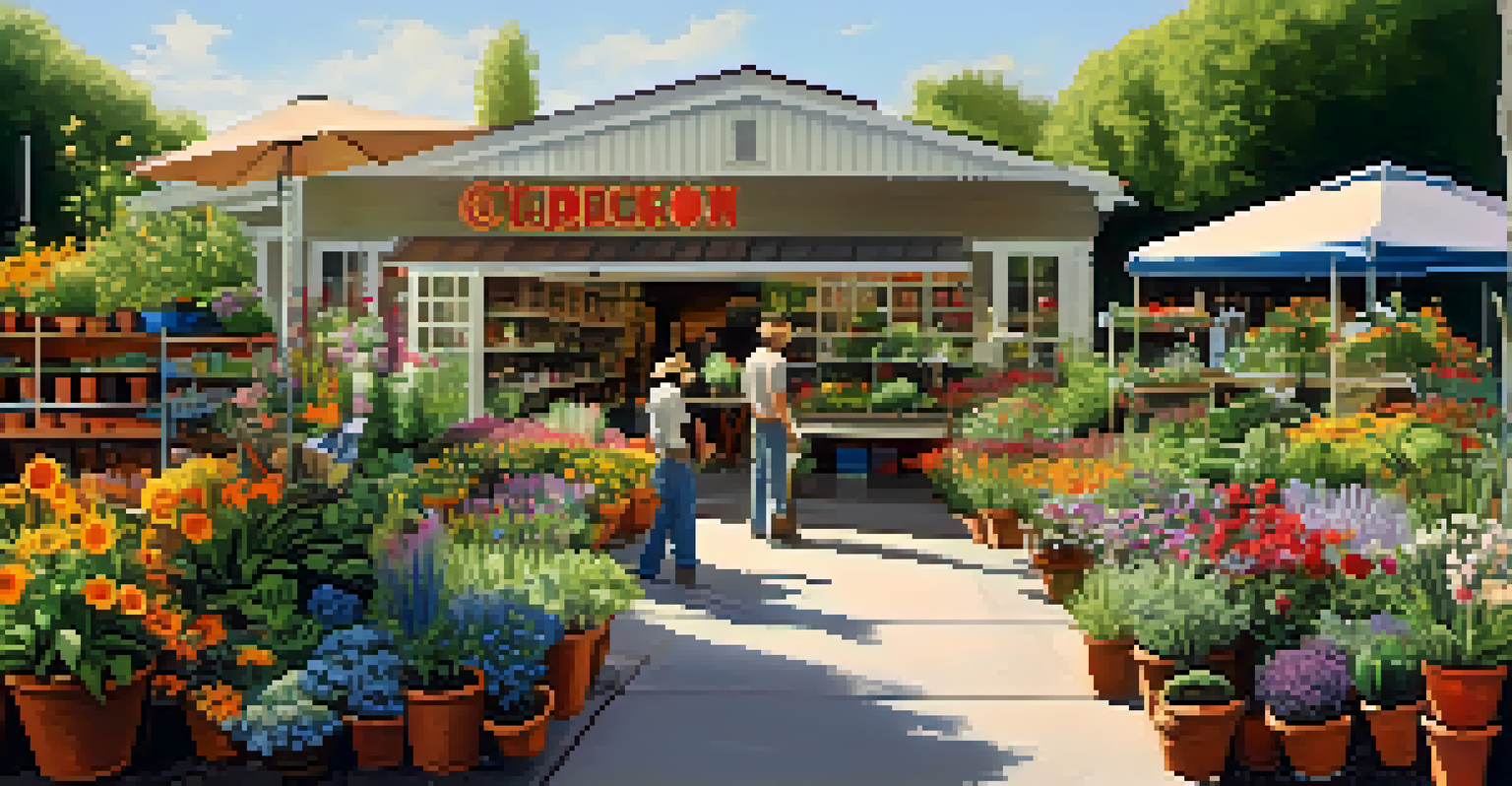 An outdoor garden section of a home improvement store, bustling with colorful plants, flowers, and shoppers.