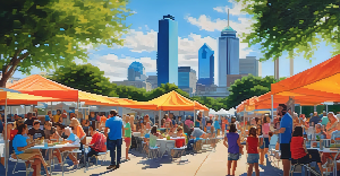 A lively outdoor picnic in the Dallas Arts District with people enjoying art activities and food trucks, surrounded by colorful banners and local art displays.