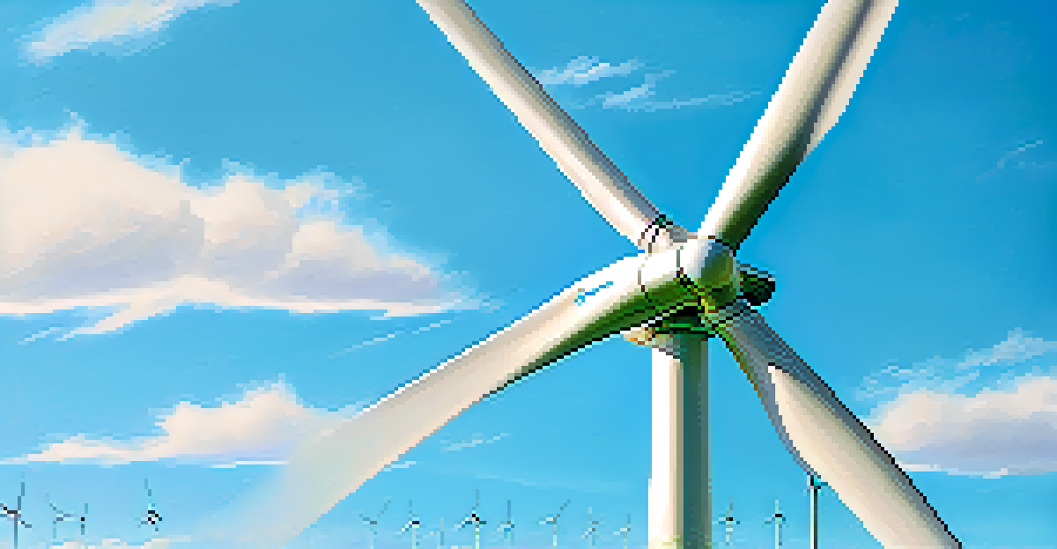A close-up of a modern wind turbine with blades in motion against a blue sky and green field.