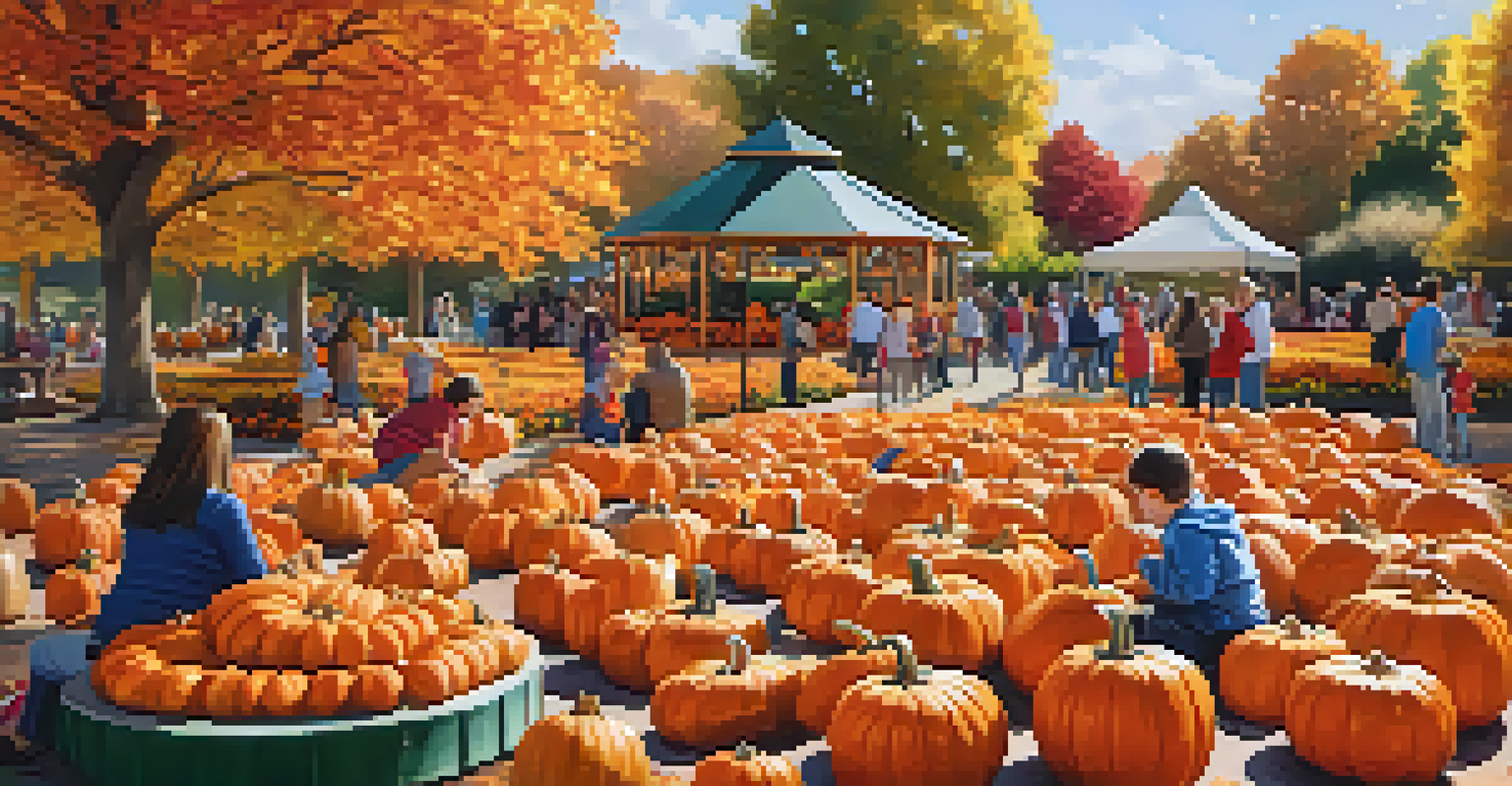 Families enjoying fall activities at the Dallas Arboretum's Pumpkin Village surrounded by colorful pumpkins and autumn leaves.