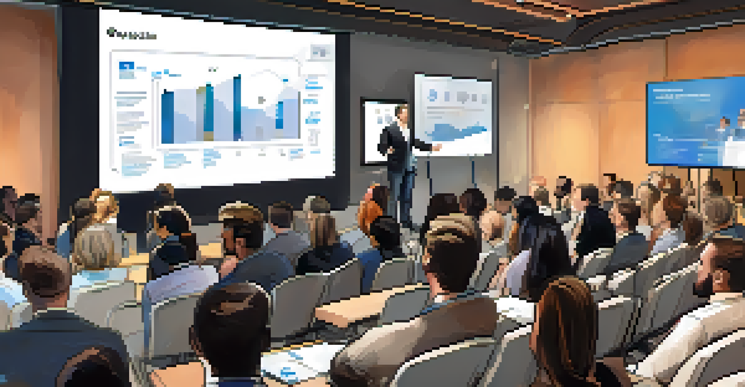 An entrepreneur presenting at a pitch event in Dallas, showcasing a digital presentation to a panel of engaged investors.