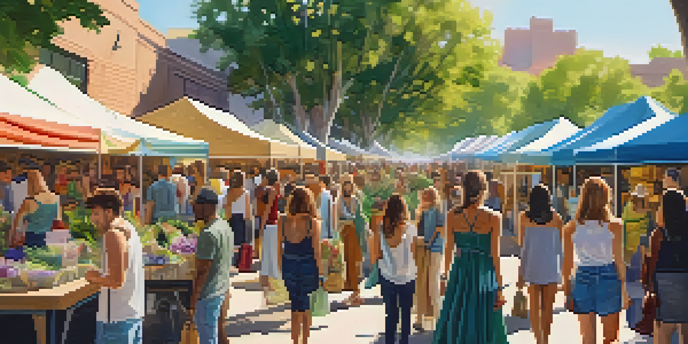 An outdoor market in Dallas with local designers showcasing sustainable fashion. Shoppers interact with colorful stalls among greenery.
