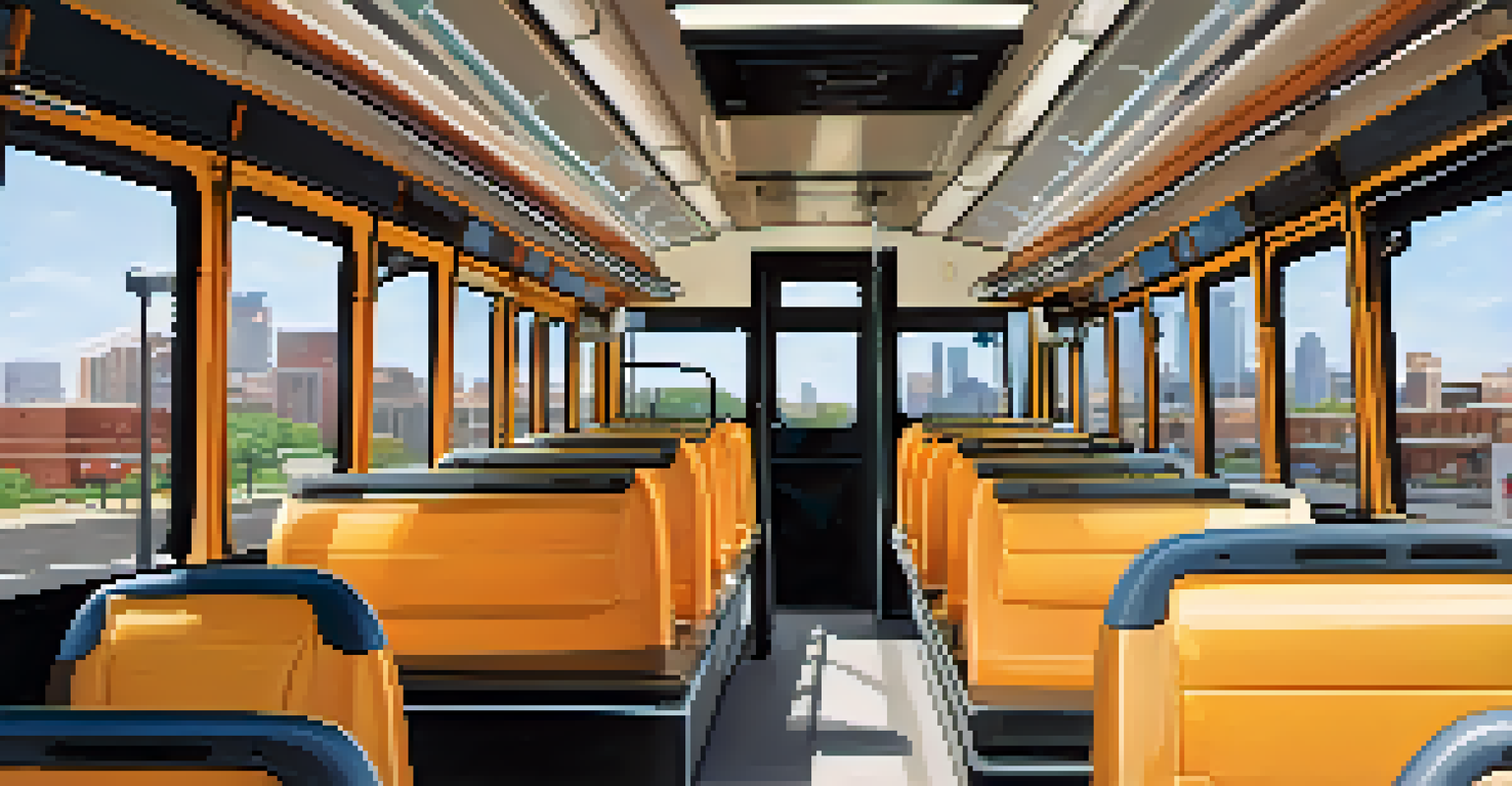 Inside a modern electric bus in Dallas, showcasing accessibility features like low floors and wheelchair spaces, with city landmarks visible outside.