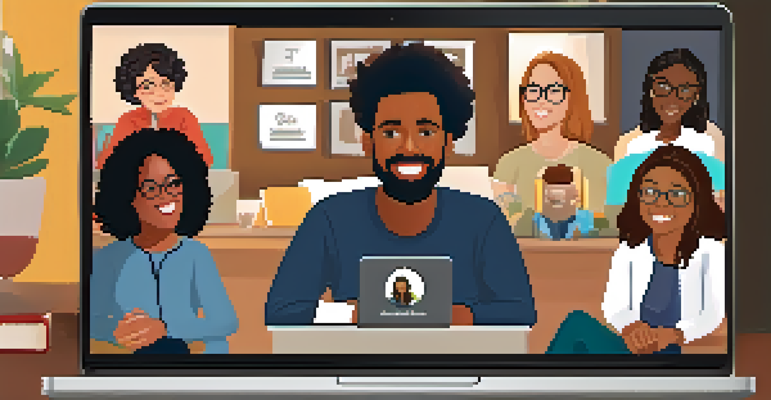 A laptop screen displaying a virtual leadership program session with diverse young participants engaged in discussion from their homes.