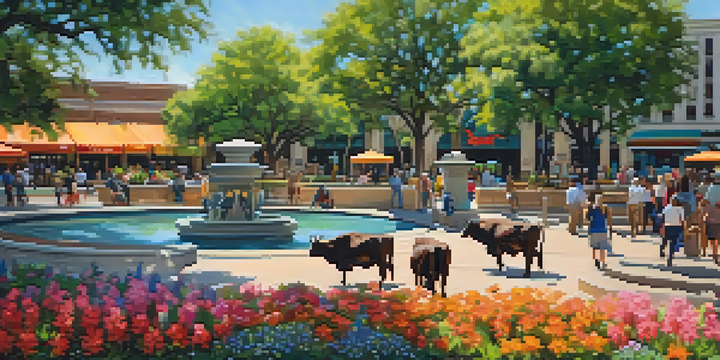 A lively park scene featuring bronze sculptures of cowboys and longhorns, with beautiful flowers and greenery under warm sunlight.