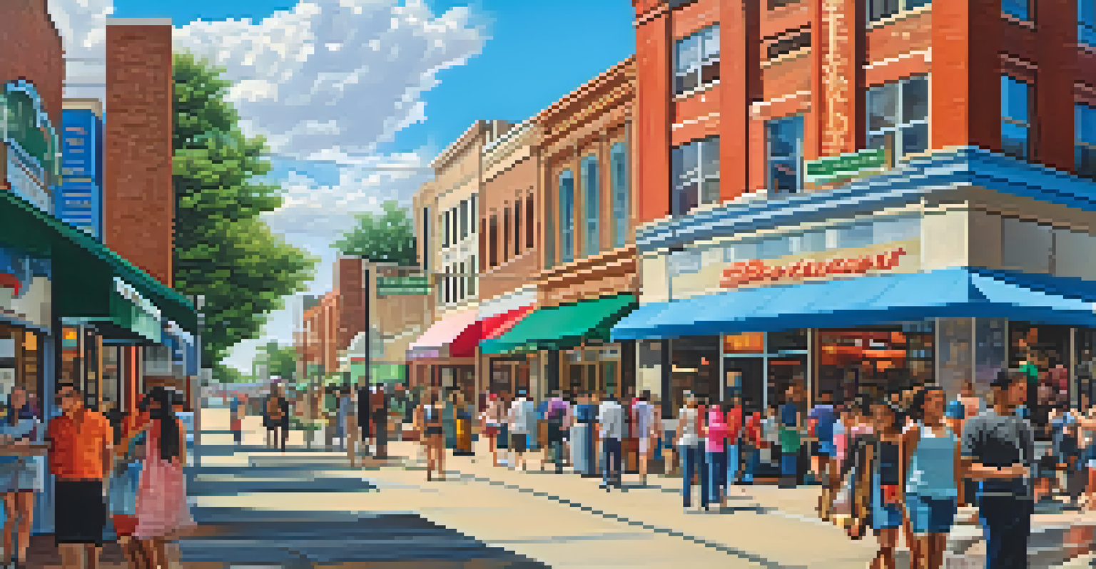 A vibrant street in Dallas showcasing cultural diversity with shops and murals, and people interacting.