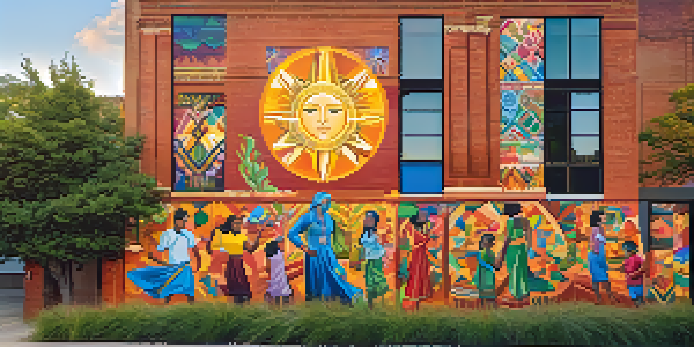 A large, colorful mural showcasing the diverse cultures of Dallas, surrounded by urban elements and greenery under a sunset.