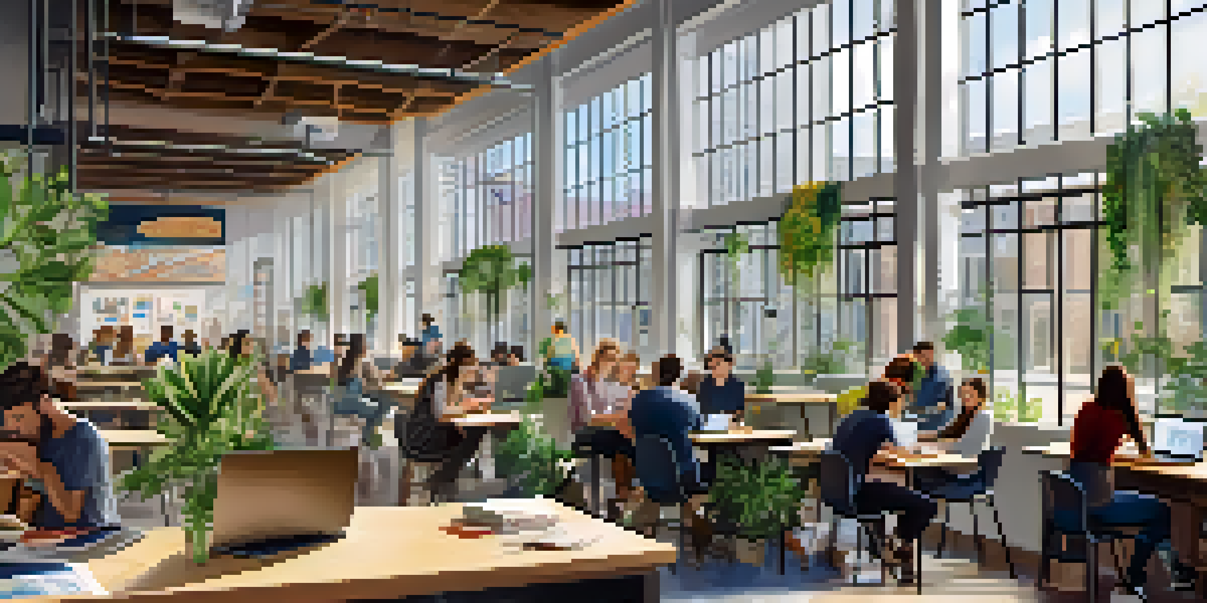 A vibrant university co-working space in Dallas filled with students working together, surrounded by natural light and creative artwork.