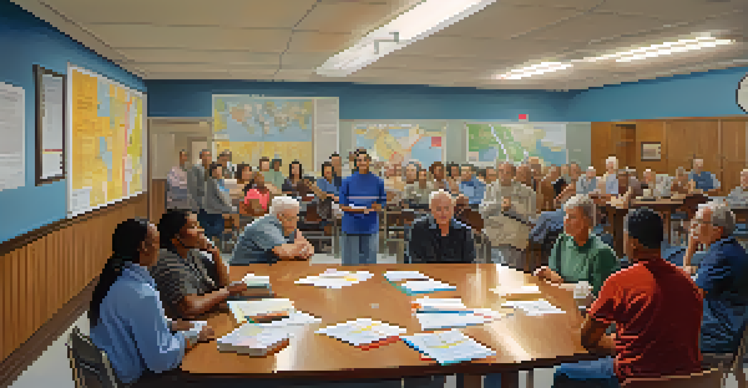 Residents participating in a neighborhood watch meeting, discussing safety strategies in a community center, with maps and notes present.
