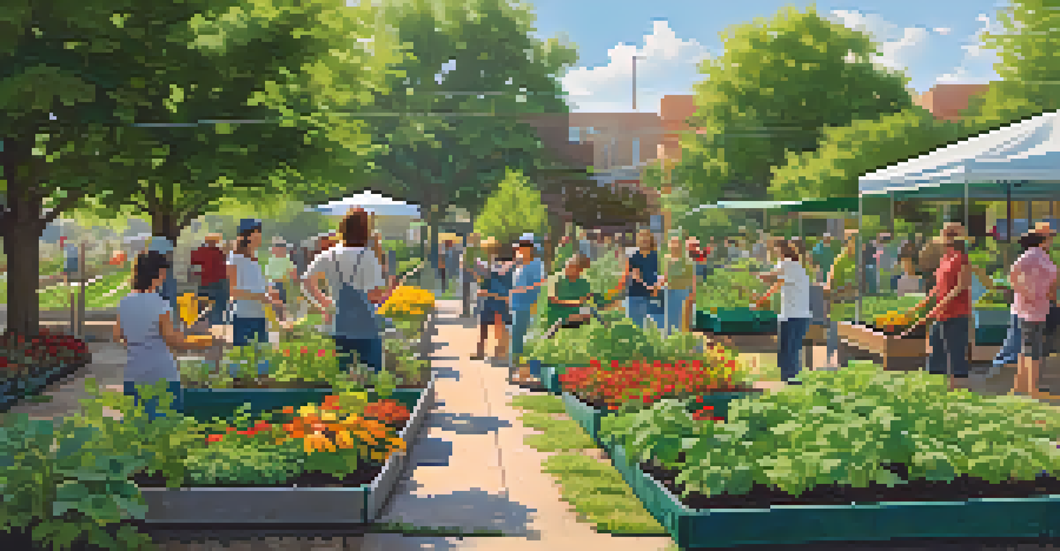 A community garden bustling with volunteers planting flowers and vegetables, surrounded by greenery and under a sunny sky.