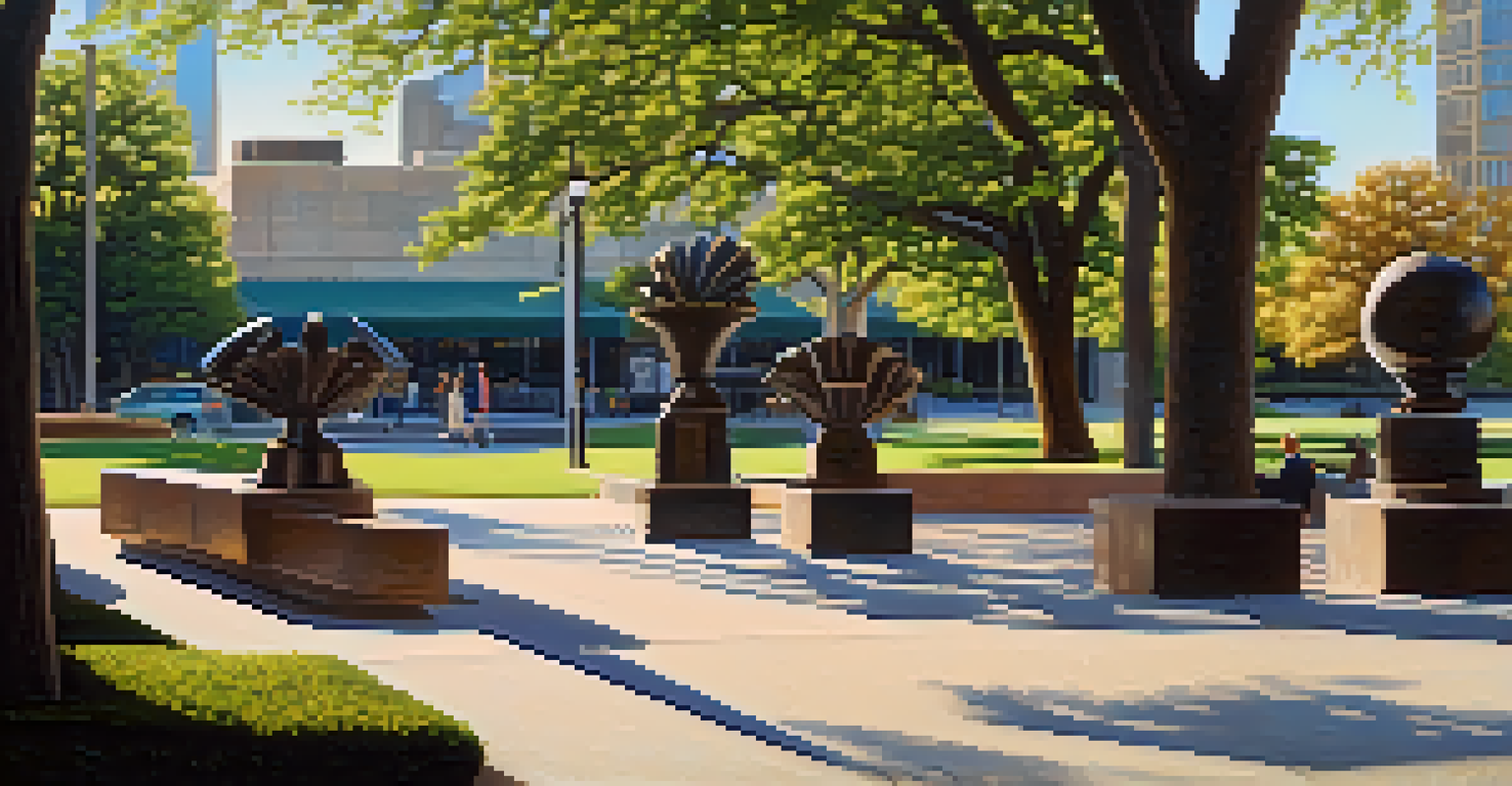 A serene morning view of Pioneer Plaza with sculptures and the Dallas skyline, bathed in soft light and shadows.