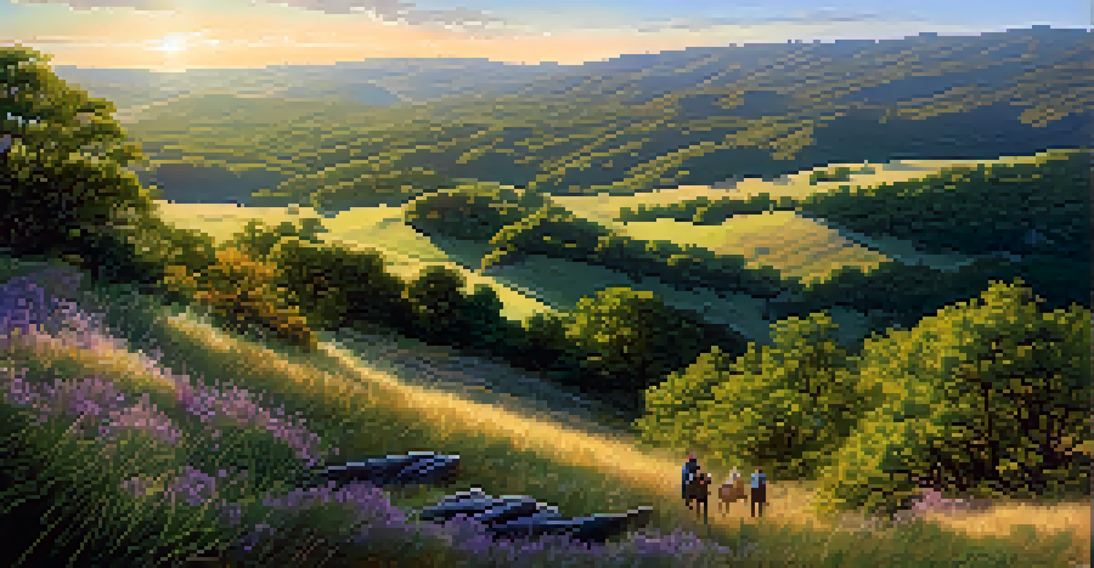 An aerial view of Cedar Ridge Preserve showcasing rolling hills, diverse wildlife, and hikers on rugged trails, illuminated by warm sunlight.