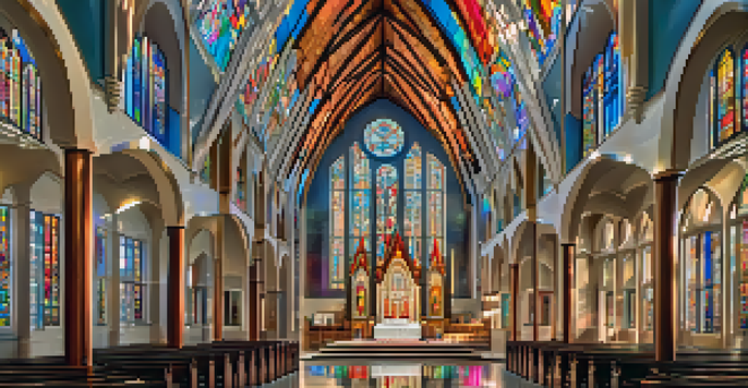 A bright and inviting interior of the Cathedral Shrine of the Virgin of Guadalupe in Dallas, featuring soaring ceilings and beautiful stained glass windows.