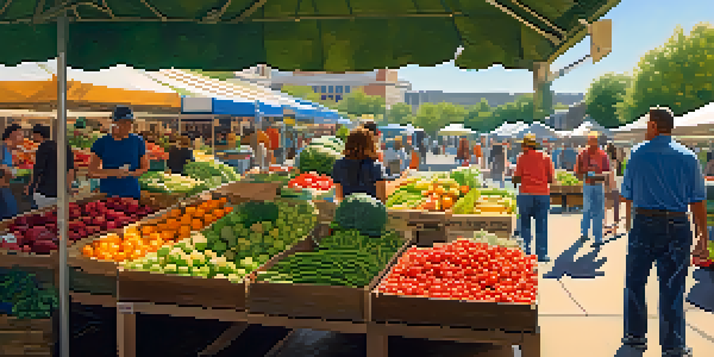 A bustling Dallas Farmers Market with colorful stalls of fresh fruits and vegetables, and diverse people shopping.