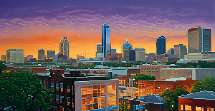 A vibrant sunset over the Dallas skyline, featuring a mix of modern and historic architecture, with people in outdoor cafes.