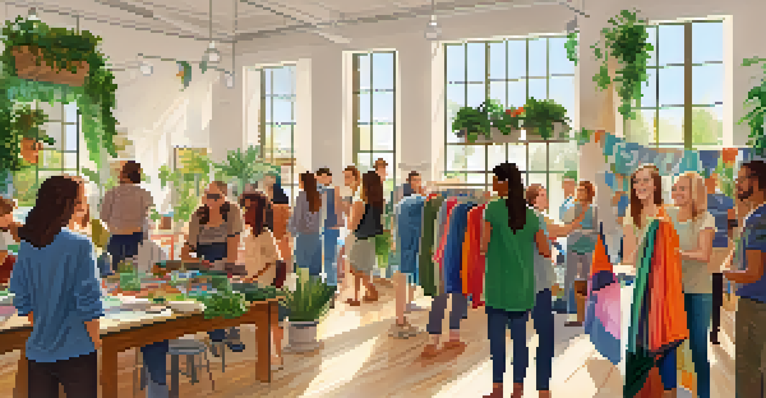 A community clothing swap event with people exchanging clothes in a bright room filled with plants and colorful banners.