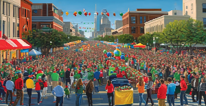 A lively Dallas Holiday Parade featuring colorful floats and happy families enjoying the festive atmosphere.