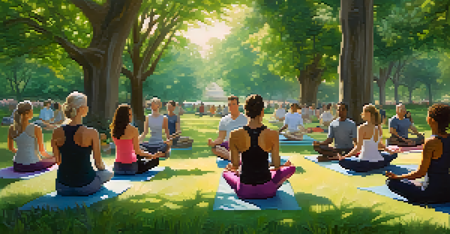 A diverse group of people meditating in a green park, surrounded by nature, with soft morning light filtering through the trees.