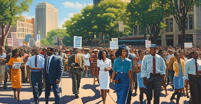 A peaceful protest scene in Dallas with diverse individuals holding signs for equality, surrounded by historical buildings and sunlight filtering through trees.