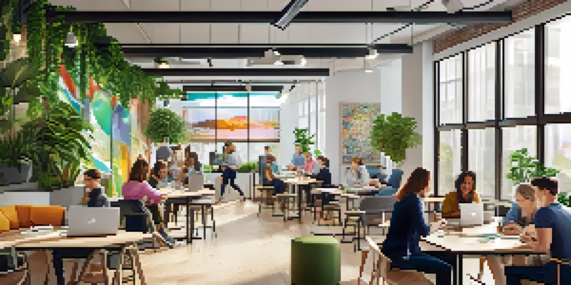 A lively co-working space filled with people from various backgrounds collaborating, with bright sunlight illuminating the modern interior and colorful decorations.