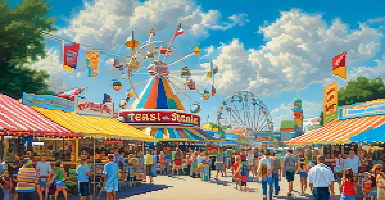 A bustling Texas State Fair scene with rides and food stalls, capturing the joy of the event.