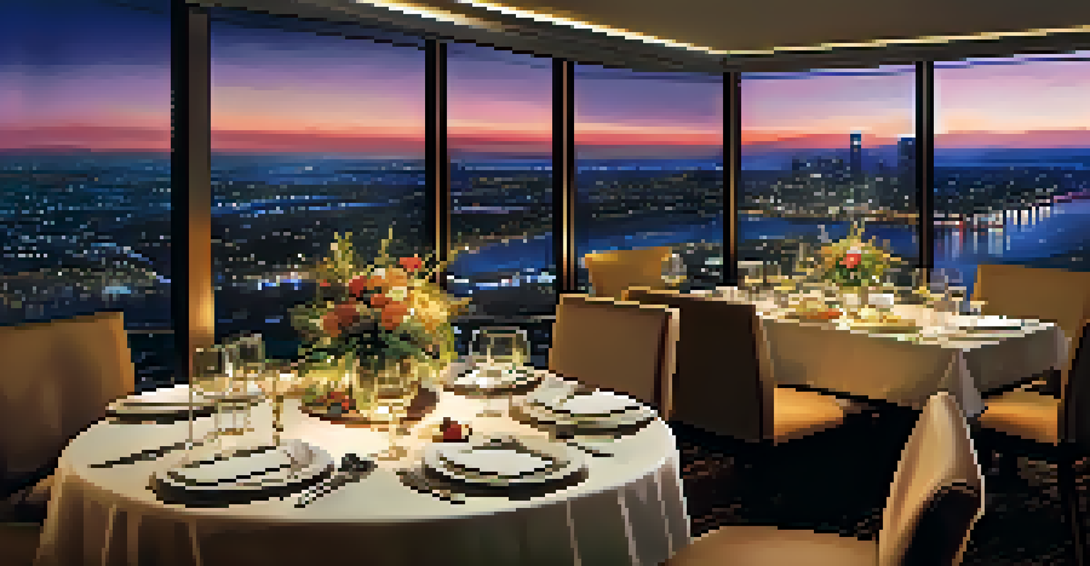 An elegant dining table at the Sky Lounge with a view of the illuminated cityscape at night.