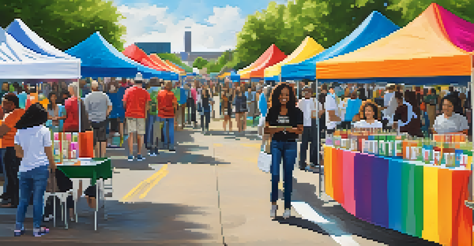 A community event in Dallas promoting mental health awareness with diverse groups of people engaging and sharing resources.