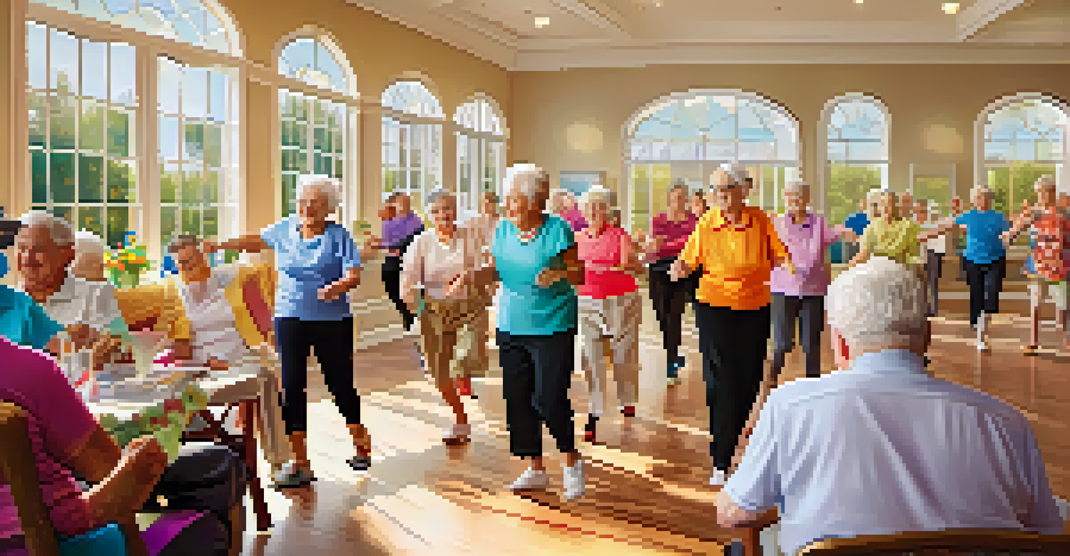 Seniors participating in a dance class at a luxury retirement community, filled with light and joy.