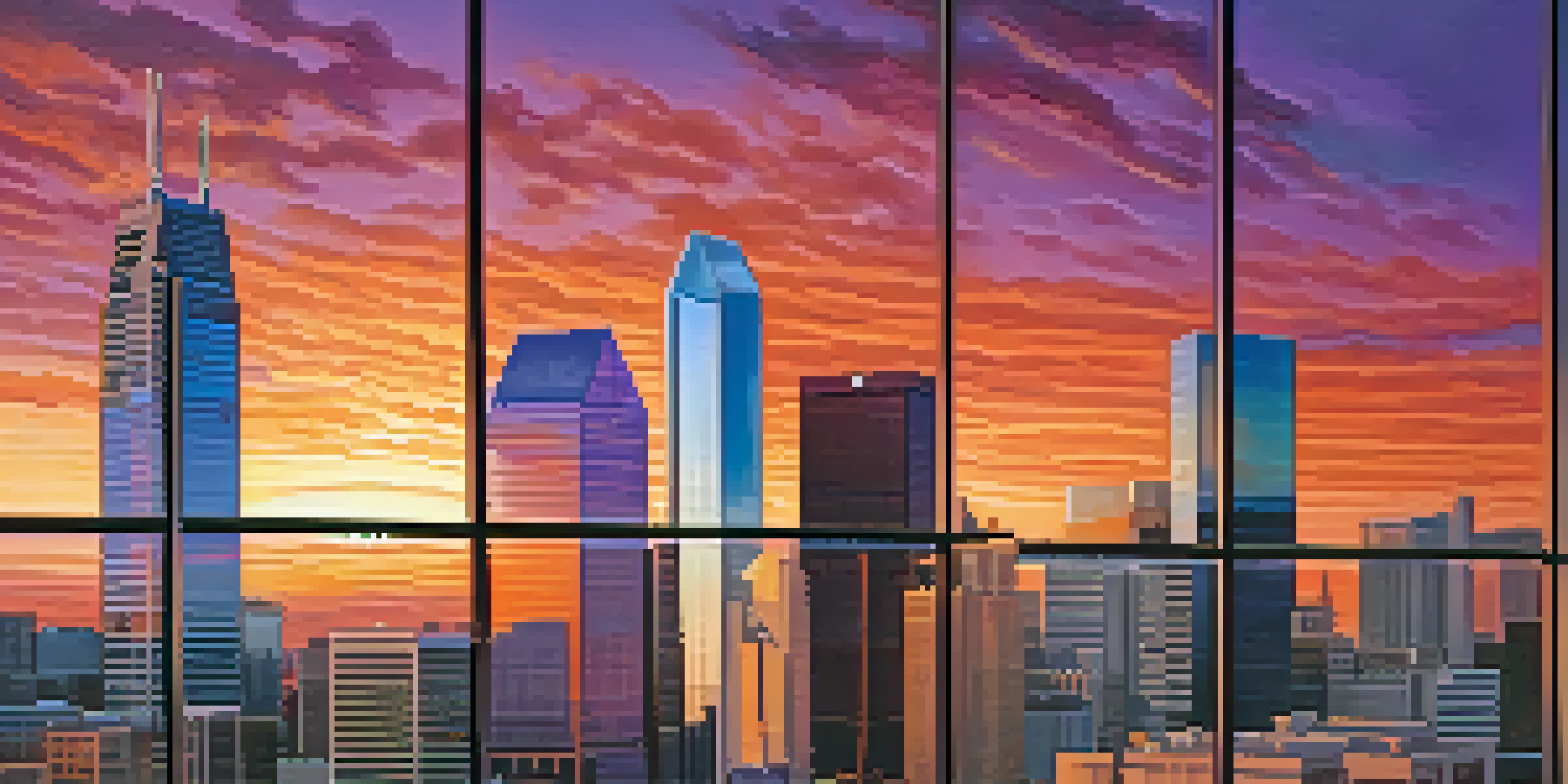 A colorful sunset illuminating the Dallas skyline, highlighting famous buildings.