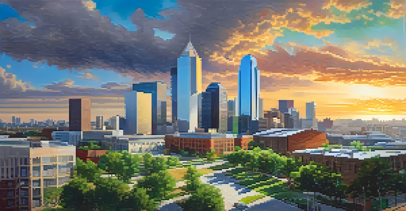 A modern Dallas cityscape with a diverse group of citizens engaged in a community forum, surrounded by contemporary buildings and green spaces.