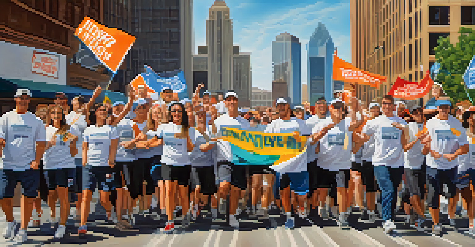 Volunteers organizing a charity run with banners and teamwork against a Dallas skyline backdrop.
