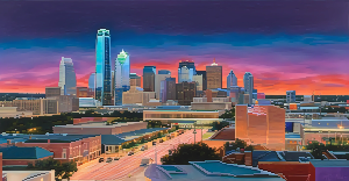 A sunset view of downtown Dallas with iconic skyscrapers and a lively street scene.